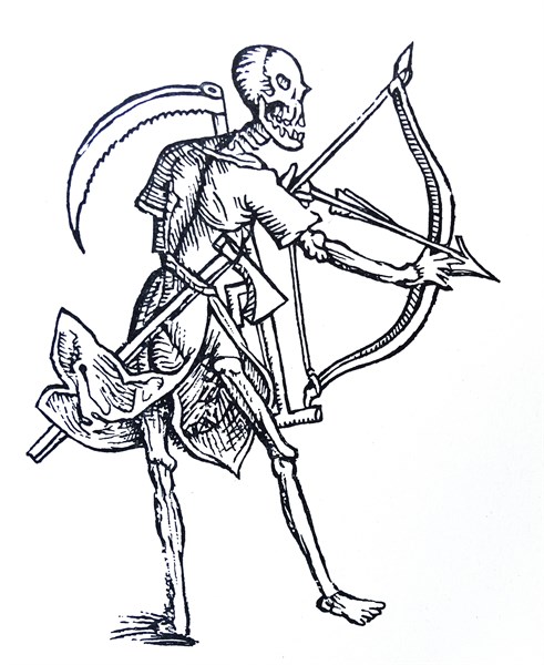 Mediaeval line drawing of death with a bow and scythe