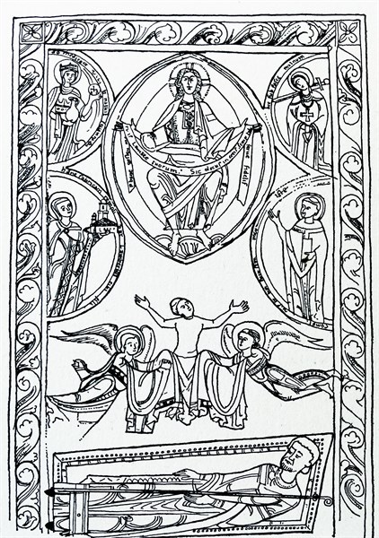Line drawing of the Pious death of Abbot Lambert