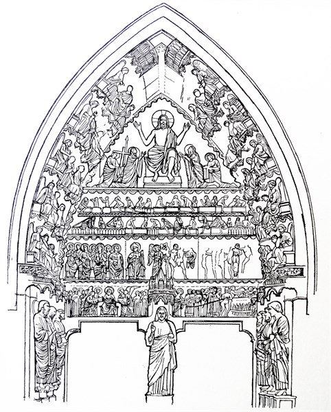 Line drawing of the Last Judgement tympanum at Rheims