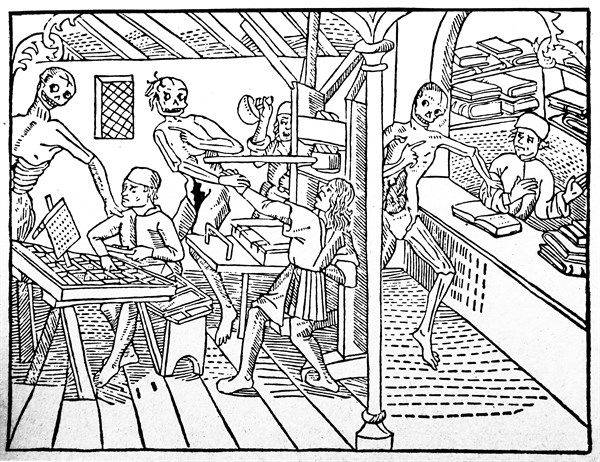 Line drawing titled 'La Grant Danse Macabre' from one of the earliest printed books