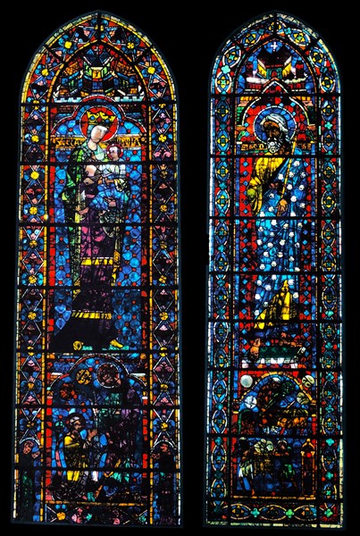 windows from Chartres Cathedral, France. Show the virgin Mary and Christ (left) and St James (right);