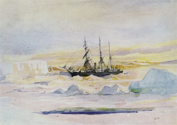Shackleton's ship, the Nimrod, among the ice in McMurdo's Sound, the winter land quarter of the British Antarctic Expedition.