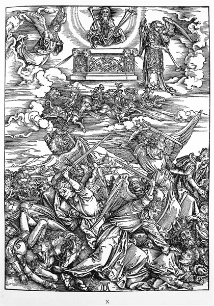 Woodcut by Albrecht Durer; The Battle of the Angels (Four avenging Angels of the Euphrates). The Revelation of Saint John (Apocalypse, VII. Figure).