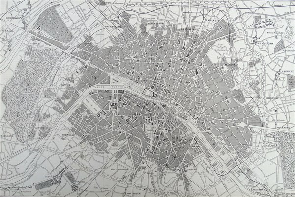 19th Century Map of Paris with the River Seine depicted