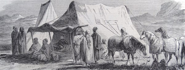 Illustration depicting the encampment of the Augeraud camp commander, chief of the Arab Bureau