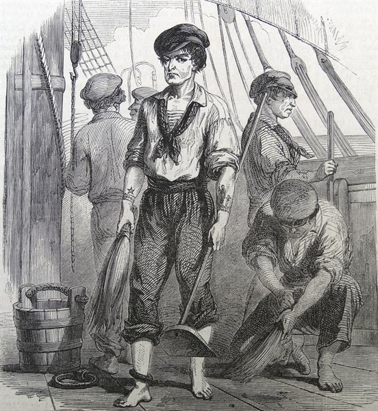 Illustration depicting convicts performing chores aboard the transport ship