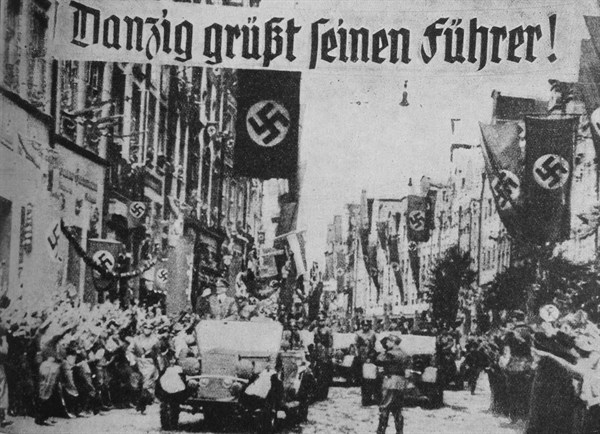 Photograph of a parade in Danzig greeting Hitler