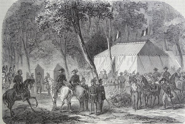 Illustration depicting the encampment of Saint-German-en-Laye, in the forest of Vésinet