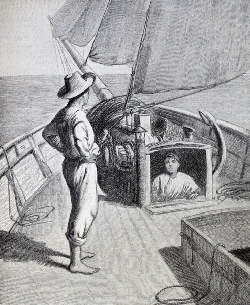 Illustration from a book depicting a young man standing on the deck whilst being watched by a young boy
