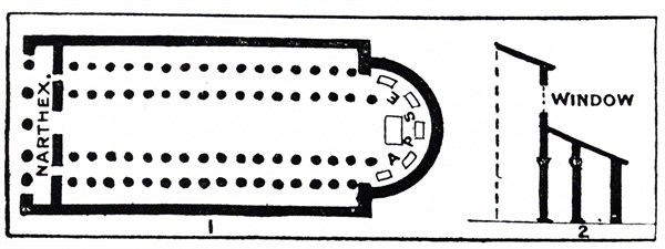 Illustration from a book depicting a basic plan for a typical Basilica and a semi-circular window