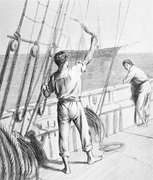 Illustration from a book depicting a crew member waving to a passing ship