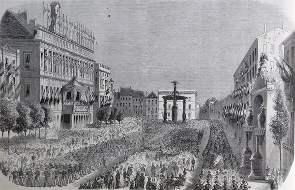 Engraving depicting a large crowd outside of the Palace of Valenciennes, France