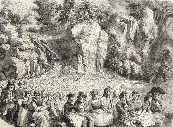 crowded audience at an open air preformance at Stalden. Zermatt valley, switzerland. 1860