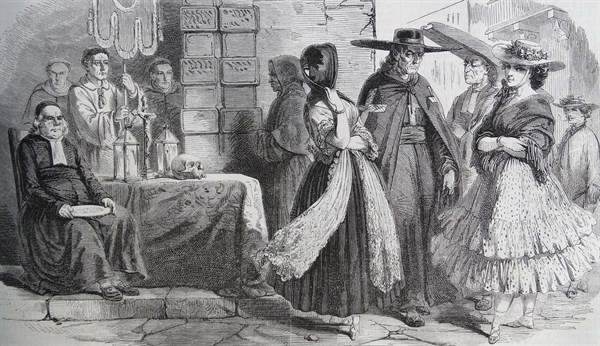 Scene at the door of a convent in Peru 1850.