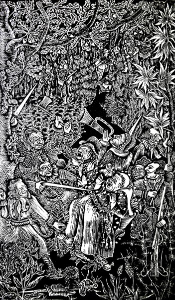 Woodcut depicting a duel by Elisabeth Hirn