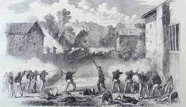Engraving depicting the Sicilian Skirmishers attacking the Neapolitans