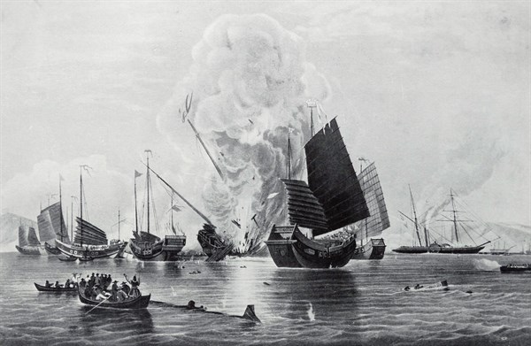 Aquatint of the East India Company's steamship Nemesis destroying Chinese War Junks at Chuenpee