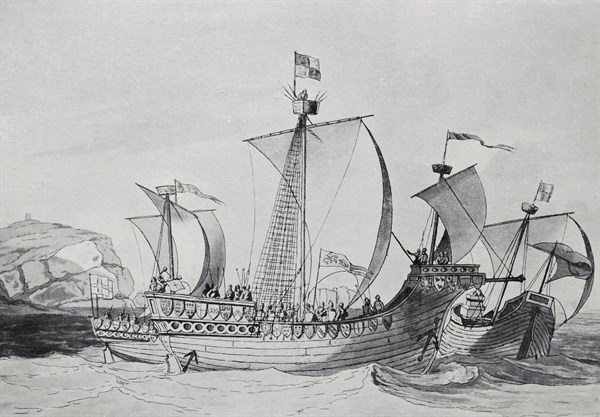 Aquatint of an early 15th Century fighting ship