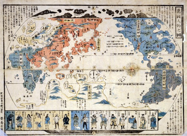 Colour Japanese diptych print showing a map of the world