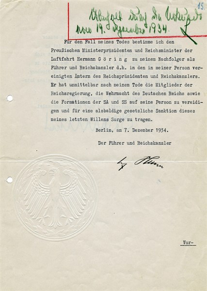Copy of the Testament of Adolf Hitler 1934