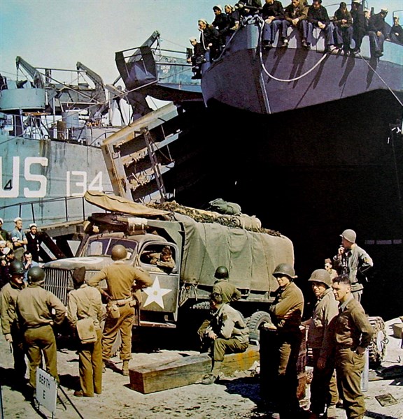 Photograph of US Navy Landing craft in England during the D-Day Invasion