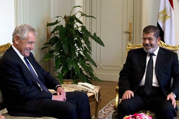 Chuck Hagel US Defence Secretary, meets with Egyptian President Mohamed Morsi