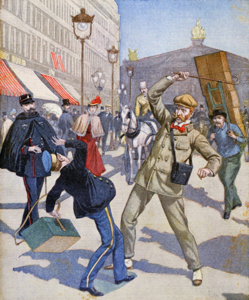 Illustration showing anti-English sentiments as an English traveller attacks a French Bellboy in Paris