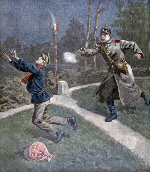 Illustration showing a French boy shot in the night on the France-Germany border, by a Prussian police officer 1900