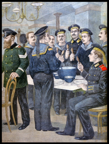 Illustration showing a Russian sailors eating while on shore leave in France 1900