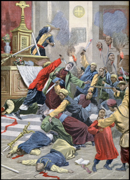 Boxer rebels commit atrocities in the cathedral at Mukden in Manchuria, China 1900