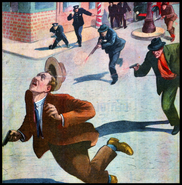 French magazine illustration, showing the American police and FBI agents chasing and shooting mafia gunmen
