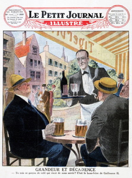 Illustration of men drinking German beer at a Paris street café from a 1903 issue of 'Le Petit Journal