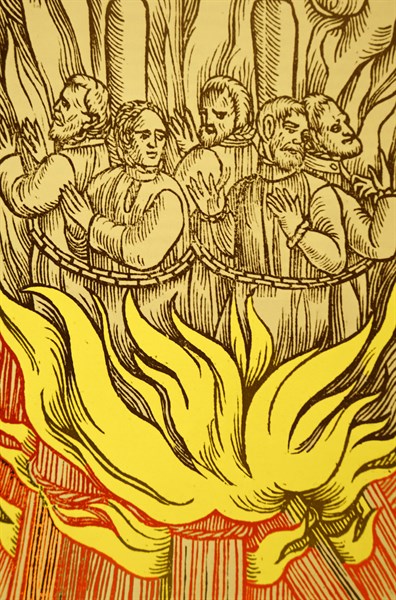 Engraving depicting the persecution by burning of Protestant Martyrs in England during the rule of the Catholic Queen Mary Tudor