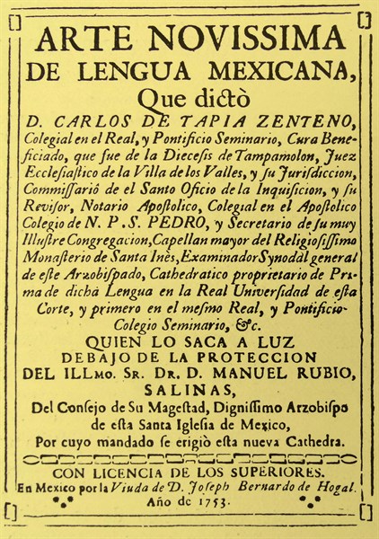 Cover of the 'Arte novissima de lengua Mexicana' which translates to 'Mexico: widow of Joseph Bernardo de Hogal'