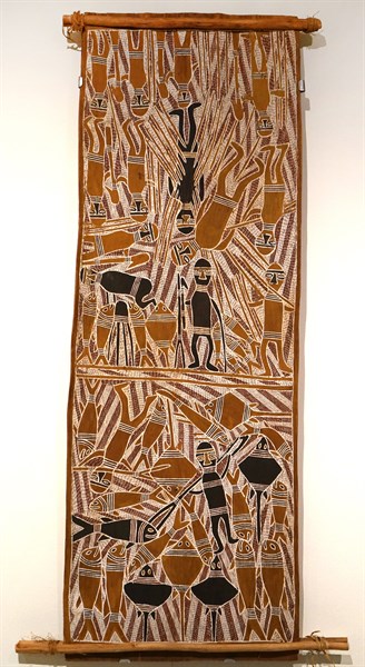 Bark painting depicting the story of the hunters of the Wulu-Wulk and the Munapa