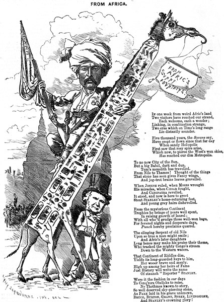 Punch cartoon of 1878 commemorating the journalist and Africa explorer Henry Morton Stanley and Cleopatra's Needle in London