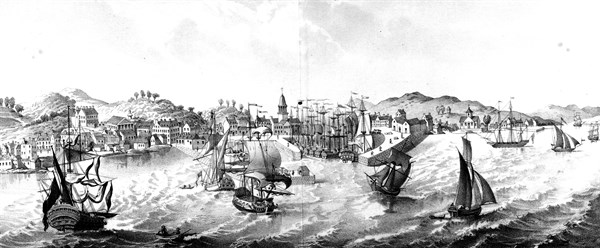 Engraving depicting Greenock, Scotland, during the 18th Century