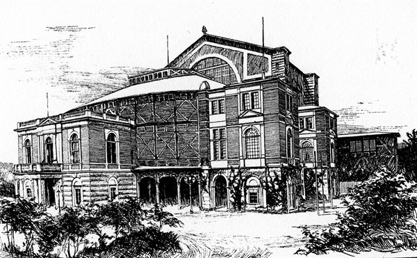 The exterior of the Bayreuth Festspielhaus, an opera house in Bayreuth, Germany