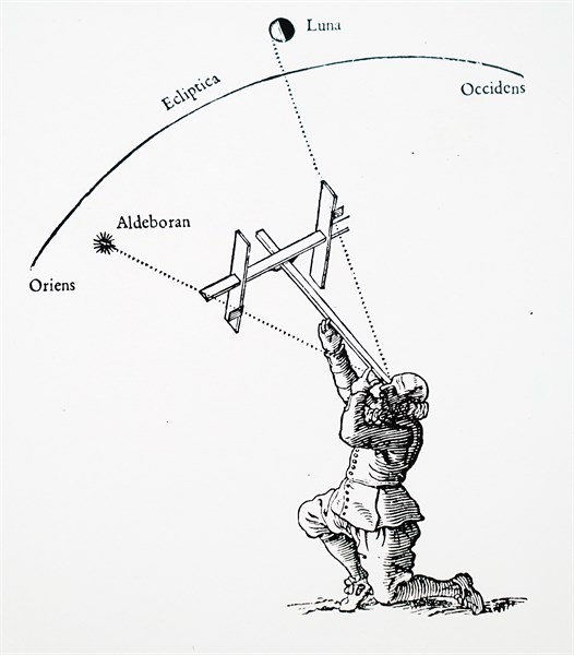 Engraving depicting the use of a cross-staff used to measure altitudes of celestial objects