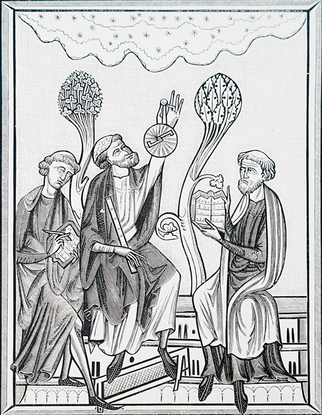 Engraving depicting an astronomy lesson using an astrolabe