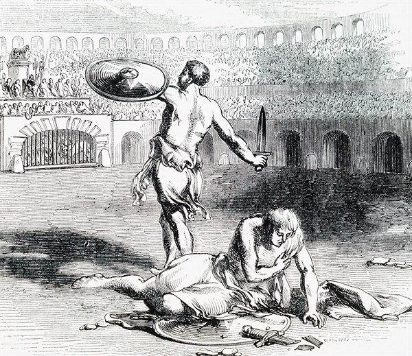 Gladiators fighting within the Colosseum in Rome