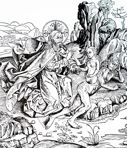 Engraving depicting the creation of Adam and Eve from the Nuremburg Chronicle by Hartmann Schedel