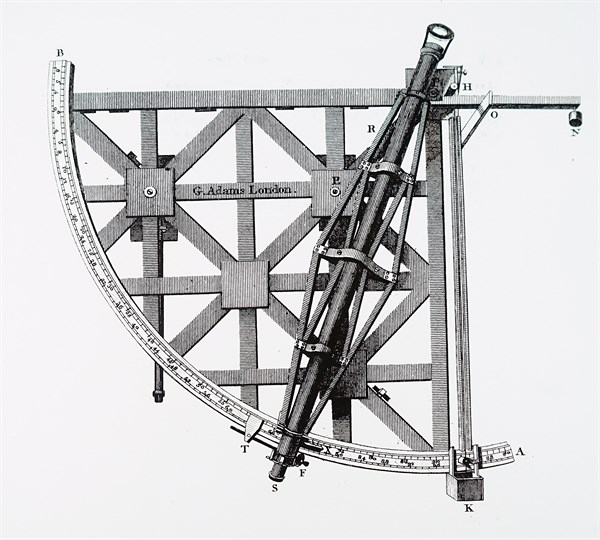 Illustration of an astronomical quadrant, an instrument used to measure angles up to 90 degrees