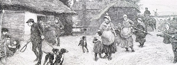 Female agricultural workers gathering on a Fenland farm preparing to begin the day's work
