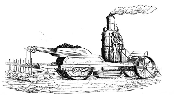 Engraving depicting a steam plough used in the Prairie States of the United States