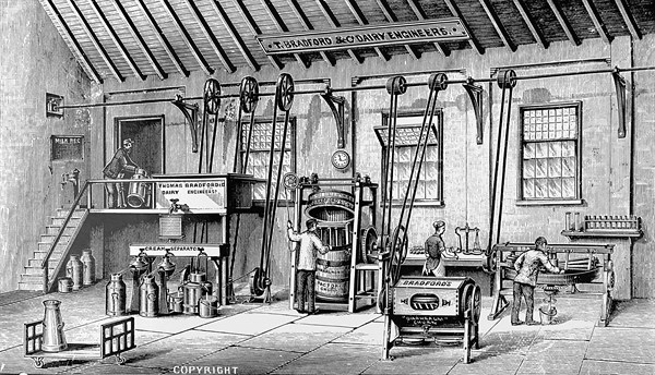 A model butter factory, where the machinery was powered by a steam engine through belt and shaft drive