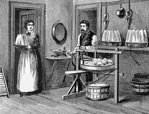 The use of a hand-powered butter working machine in which excess buttermilk was removed and salt blended in