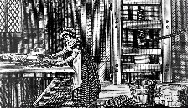 Engraving depicting the cutting up of curds to make Cheshire cheese