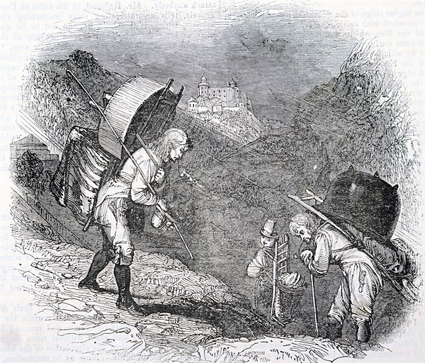 Peasants in the Swiss Alps returning home to the valley after summer in the mountains tending cattle and making cheese