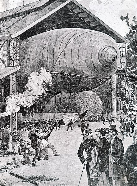 The airship 'La France' in its hanger